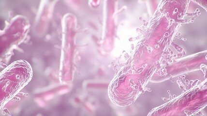 A close-up view of vibrant pink bacteria, showcasing their unique shapes and structures against a soft, blurred background.