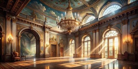 Obraz premium Sunbeams Through Grand Hallway, Ornate Chandelier, Large Windows, Golden Accents, Interior Design, Palace, Royalty