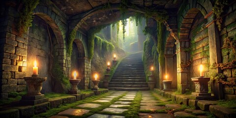 Fototapeta premium Stone Steps Lit by Candlelight in a Moss-Covered Archway, Fantasy, Ancient, Pathway, ,candlelight, ancient ruins