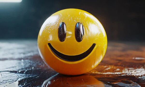A shiny yellow smiley face on a reflective surface.