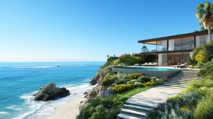 Fototapeta premium Modern cliffside home with infinity pool overlooking the ocean.