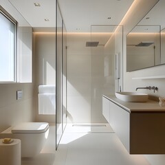 A minimalist bathroom featuring a walk-in shower, floating vanity, and sleek fixtures