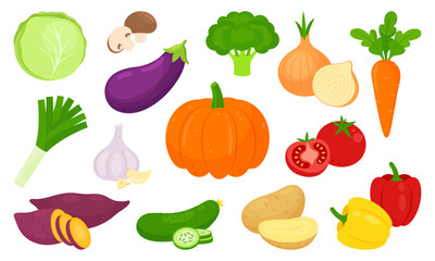 Set of vegetables isolated on white background. Pumpkin, onion, cabbage, potato, pepper, yam, cucumber, eggplant, leek, carrot, broccoli, garlic and tomato icon. Vector illustration in flat style.