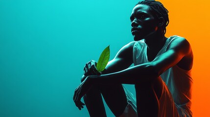 Conceptual Photography Featuring Men Holding Leaves in Dramatic Light with Contrasting Blue and Orange Backgrounds