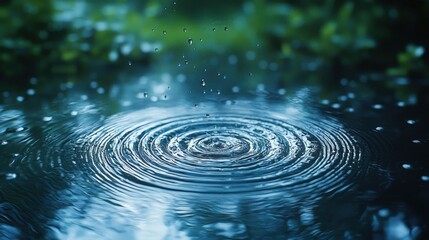 Raindrops create ripples on a calm water surface surrounded by lush greenery