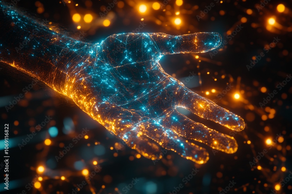 Poster abstract digital hand glowing in blue and orange lights with data connections symbolizing cyber netw
