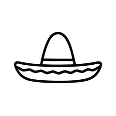 Sombrero Hat Outline Icon, Black and white outline icon of a traditional sombrero hat with decorative patterns, symbolizing Mexican culture and festive celebrations.
