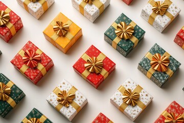 top view, colorful gift boxes against white background. Seamless pattern