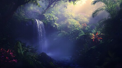 Fototapeta premium A misty rainforest at dawn with a dense canopy, vibrant flora, and a small waterfall.
