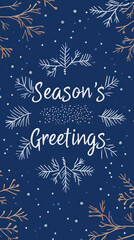 Season's greetings banner with fir branches and snowflakes on blue background
