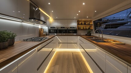 Obraz premium Modern Yacht Kitchen with Wooden Countertop and Ocean View