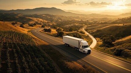 Obraz premium Electric truck navigates mountain highway with eco-friendly efficiency and scenic views