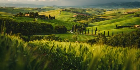Tuscany Landscape with Rolling Hills and Cypress Trees