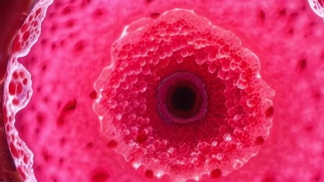 A close-up view of vibrant red cellular structures, showcasing intricate details through advanced microscopy techniques.
