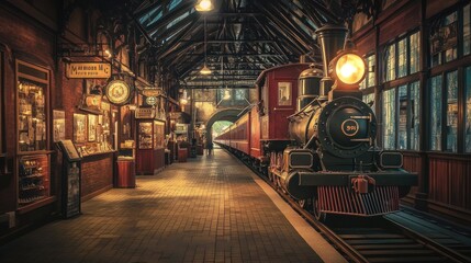 A vintage steam locomotive train engine sits in a dimly lit train station with a brick floor and wooden beams.