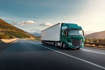 Obraz premium The future of transportation electric truck navigates scenic mountain roads