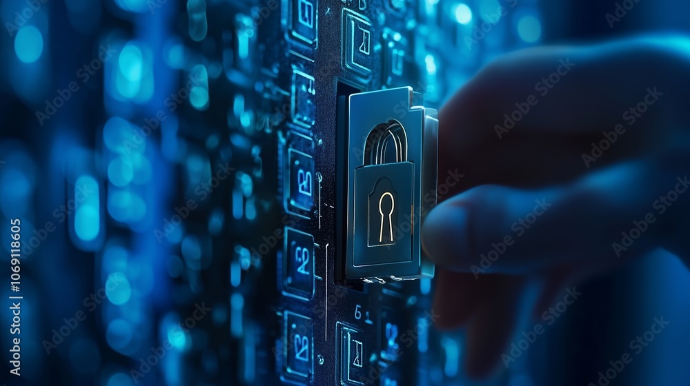Poster a hand locks a digital padlock on a futuristic interface filled with glowing circuit patterns during