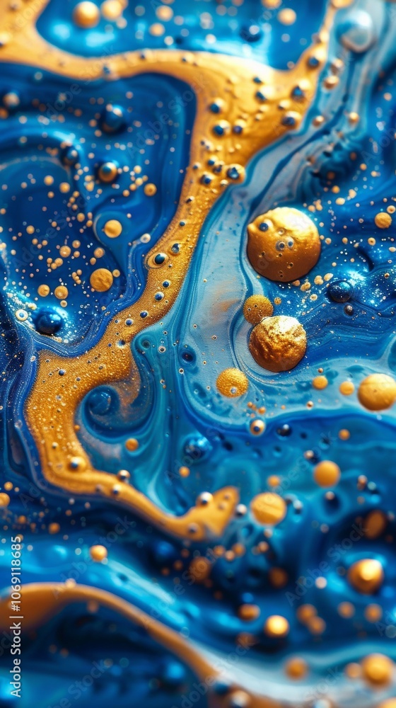 Poster vivid blue and yellow oil paint splashes create an abstract artwork with swirling patterns and textu