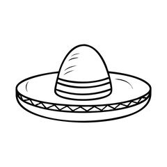 Sombrero Hat Outline Icon, Black and white outline icon of a traditional sombrero hat with decorative patterns, symbolizing Mexican culture and festive celebrations.
