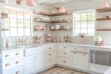 White Kitchen with Pink Accents and Open Shelving