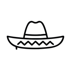 Sombrero Hat Outline Icon, Black and white outline icon of a traditional sombrero hat with decorative patterns, symbolizing Mexican culture and festive celebrations.
