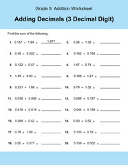 Maths Addition Worksheets Vector For Grade 5 Students, Teachers, and Parents. Mathematics Worksheet Illustration.