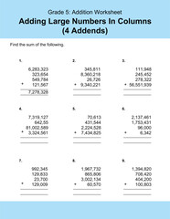 Maths Addition Worksheets Vector For Grade 5 Students, Teachers, and Parents. Mathematics Worksheet Illustration.