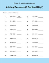 Maths Addition Worksheets Vector For Grade 5 Students, Teachers, and Parents. Mathematics Worksheet Illustration.