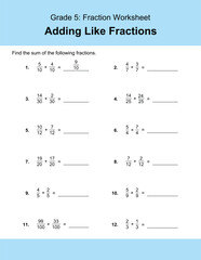 Maths Addition Worksheets Vector For Grade 5 Students, Teachers, and Parents. Mathematics Worksheet Illustration.
