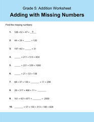 Maths Addition Worksheets Vector For Grade 5 Students, Teachers, and Parents. Mathematics Worksheet Illustration.