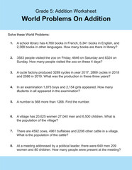 Maths Addition Worksheets Vector For Grade 5 Students, Teachers, and Parents. Mathematics Worksheet Illustration.