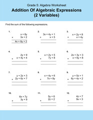 Maths Addition Worksheets Vector For Grade 5 Students, Teachers, and Parents. Mathematics Worksheet Illustration.