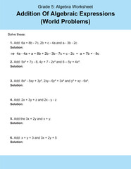 Maths Addition Worksheets Vector For Grade 5 Students, Teachers, and Parents. Mathematics Worksheet Illustration.