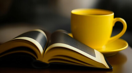 Fototapeta premium A black-covered book lies open on a table beside a yellow mug of coffee. The view is close up.