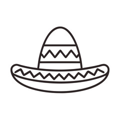 Sombrero Hat Outline Icon, Black and white outline icon of a traditional sombrero hat with decorative patterns, symbolizing Mexican culture and festive celebrations.

