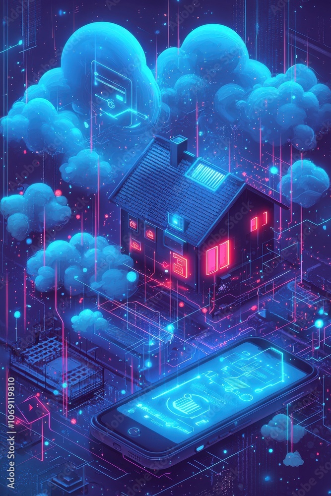 Poster digital illustration of ai-powered security system with smartphone control