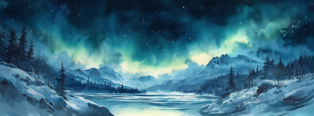 Watercolor Painting of Snowy Winter Scene with  Northern lights