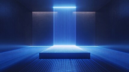 Obraz premium A futuristic, minimalist room with a blue neon light shining down on a platform in the center.