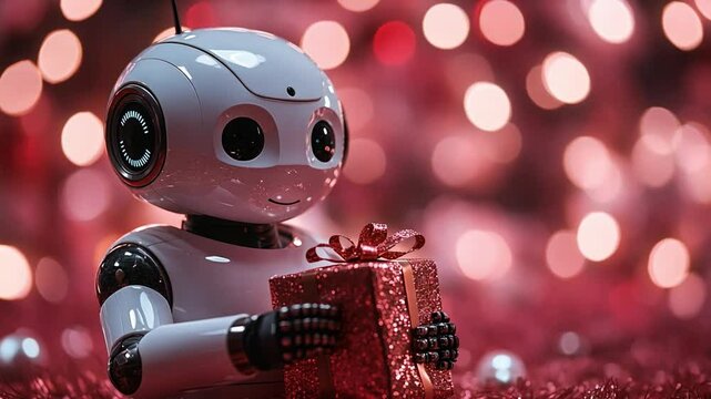 A cheerful robot holding a glittering present in a festive setting filled with colorful lights