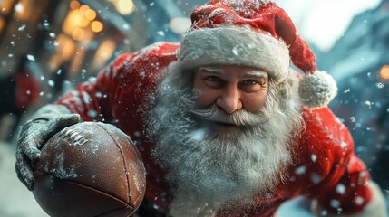 Santa Claus with American football ball. Merry Christmas