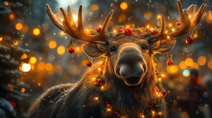 Happy moose with Christmas lights and red decorations on antlers. Marry Xmas
