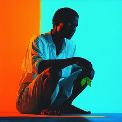 Stylized Portraits of Men Posed with Green Foliage on Vibrant Blue and Orange Backdrops