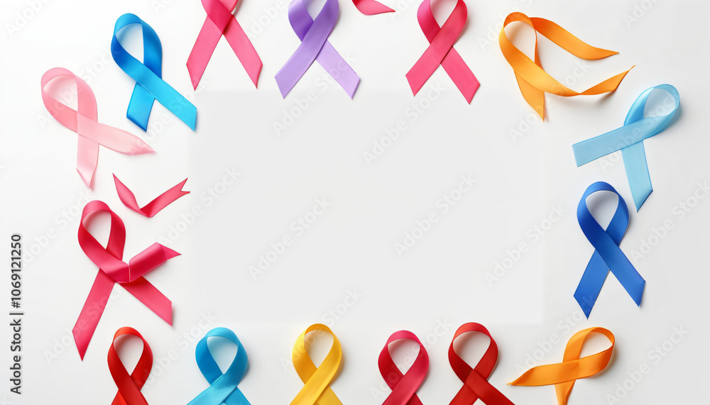 Aufkleber frame of different colorful ribbons on white background, flat lay with space for text. world cancer 