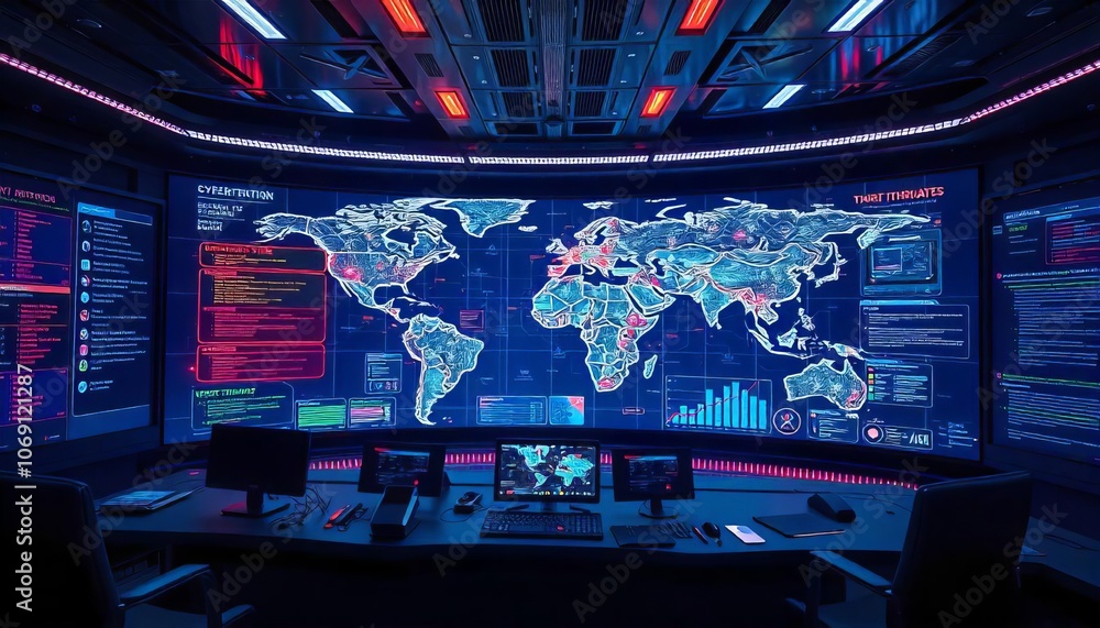 Poster sophisticated command center featuring a digital world map, screens with cyber data, and advanced te