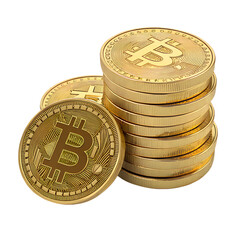 Stack of shiny gold coins, isolated on a white background, detailed coin texture, high resolution.