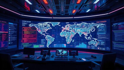 Sophisticated command center featuring a digital world map, screens with cyber data, and advanced technology.