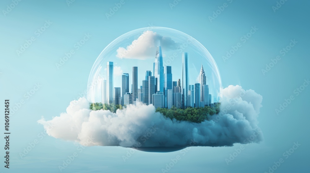 Poster a futuristic cityscape with a protective digital dome shielding it from cyberattacks, representing t
