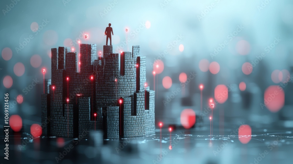 Poster a conceptual image of a hacker trying to breach a digital fortress protected by firewalls and securi