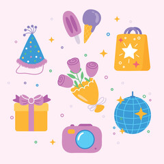 Party icon set with a gift, party hat, camera, flowers, ice cream, and disco ball