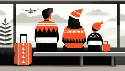 Family at an airport with suitcases, dressed in festive sweaters and hats, ready to travel for the holidays